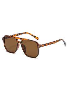 Unisex Tortoise Shell Color Square Frame Double Bridge Pilot Style Fashion Glasses For Vacation Boho Shades Beach Accessories, Suitable For Summer Sun Protection, Beach Vacation, Outdoor Sports, Party, Self-Driving, Fishing, Cycling, Shopping And Taking Photos Accessories