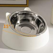 A Detachable And Washable 15° Cute Cat Design Stainless Steel Pet Cat Bowl With A Tilted Neck Protection.