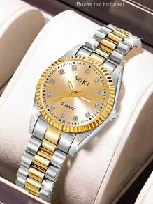 SOKI SOKI 1 Pc Ladies Watch Women's Golden Round Fully Encrusted Dial With Alloy Strap Casual Luxury Quartz Wristwatch Watch Perfect For Everyday Wear, Birthday Gifts, Parties, Holiday Gatherings, And As The Ideal Gift For Yourself Or Friends Boxes Not Included