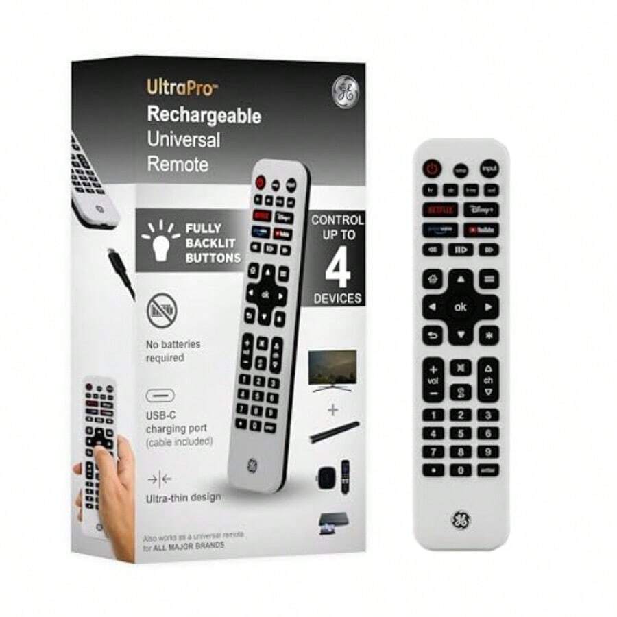 GE Rechargeable TV Remote Control Universal Remote Control Backlit Buttons TV Remote Control Replacement For Smart TVs Apple TV Roku Replacement Remote TV 4Device 8098465hj - Bạc - Xem 1