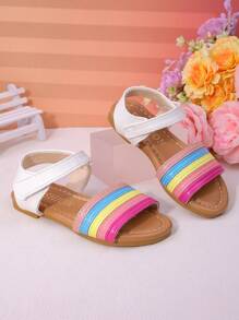 1 Pair Of Children's Fashionable And Cute Neutral Rainbow Colored Comfortable Flat Sandals, Suitable For Summer Baby Girls To Go On Vacation, Beach, Family Gatherings, And Wear