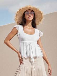 Womens Lace Ruffled Crop Tops Y2k Square Neck Flying Sleeve Babydoll Tank Top Tie Front Flared Hem Boho Blouse - trắng - Xem 7