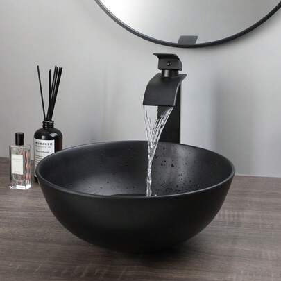 Bathroom Vessel Sink 13" Round Stone Resin Vessel Sink With Pop-Up Drain Combo Black Vessel Sink,Bathroom Small Sink Above Counter, Art Basin Vanity Sink