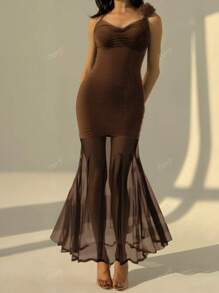 Women's Elegant Fashionable Sexy Mesh 3D Floral Detachable Ruffled Fishtail Spaghetti Strap Eid Mubarak Long Dress