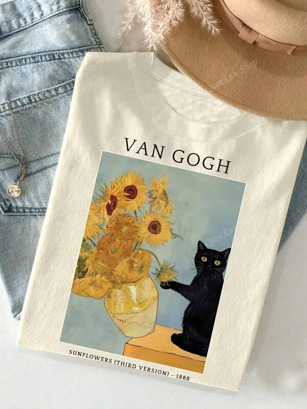 Women's Summer Van Gogh Cat Pattern Printed Round Neck Short Sleeve Simple Casual Daily T-Shirt Top, Van Gogh Iris Cat Women's Top, Black Cat Women's Summer Clothing, Funny Cat Summer Top