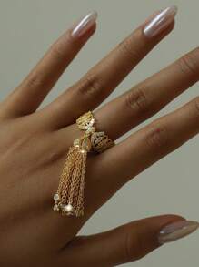 1 peça de anel de noivado com borla banhada a ouro fantasia e zircônia cúbica para mulheres, anel glamoroso para casamento e festa de aniversário, joia para presente