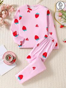 Conjunto de 2 piezas de ropa de dormir con estampado de fresa, de cuello redondo y manga larga, tela cómoda, perfecto para usar en casa en primavera y otoño