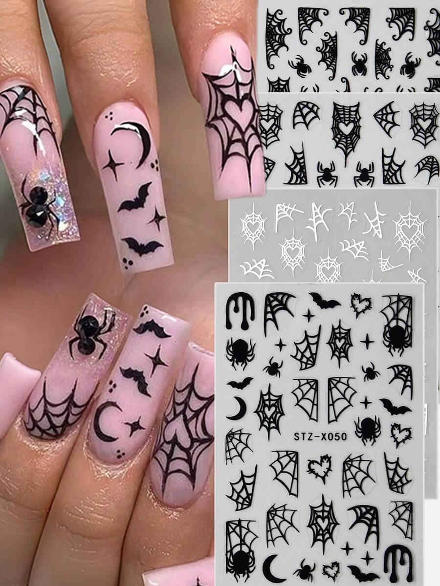 FULL BEAUTY 怪异黑白蜘蛛万圣节指甲暗色心形蜘蛛网蝙蝠美甲贴纸星月 Y2K 涂鸦卡通可爱滑块设计指甲贴花万圣节派对 DIY 饰品装饰指甲用品 - 黑與白 - 查看 1