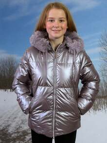 Women's Children's Metallic Puffer Jacket With Plush Hood - Lila Púrpura - Ver 1