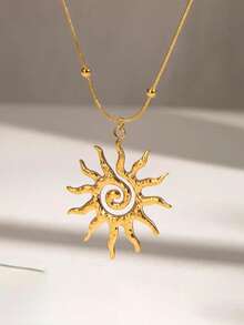 New Stainless Steel Necklace With Sun Pendant, Fashion Design, Delicate Luxury, High-Quality Jewelry, Suitable For Daily Wear - Yellow Gold - View 6