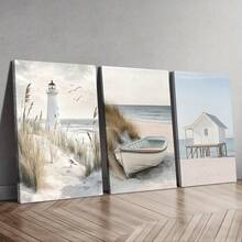 3 件套海滩上的白色灯塔木船小屋墙壁艺术帆布海报，适用于客厅卧室浴室办公室走廊厨房墙壁装饰，家居装饰礼物，可选框架，带框架的墙壁艺术 - 彩色 - 查看 2
