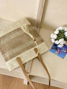 Colorblock Tote Bag With Tassel Decor, Perfect For Beach Vacation - Beige - View 3