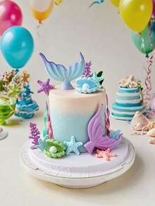 1pc Ocean Theme Cake Topper Mermaid Tail Doll, Sea Coral Shell Star Decor, Kids Birthday Party Cake Decoration For Boys/Girls