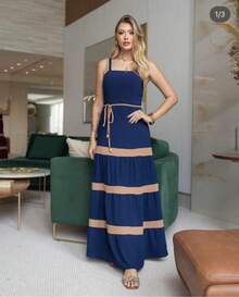 Women's Long Plain Two-Tone Dress With Casual Duna Fabric Lining H-11 - 藏蓝色 - 查看 1