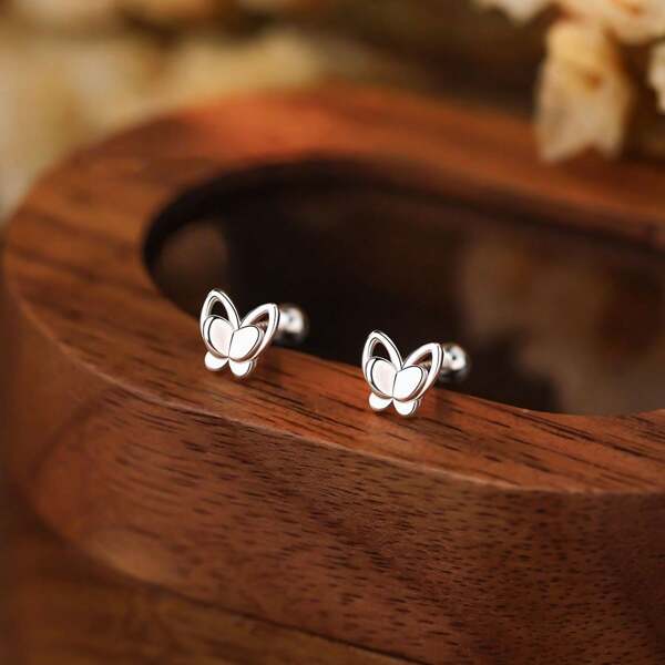 1 Pair 999 Sterling Silver Hollow Double Layer Butterfly Twist Stud Earrings, Suitable For Students And Ladies, Great For Mother's Day And Daily Wear