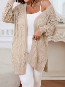 Casual Long Sleeve Solid Pointelle Knitted Cardigan - Button Front - Women's Clothing