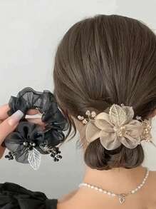 [ One Size Fits All -1PC, Random Color ]Women's Mesh Lace Flower Crystal Headband, Suitable For Daily Hair Styling, Low High Bun Hairstyle, Suitable For Party And Birthday Hair Styling, Bun Hairstyle, Flower Rubber Band Headband