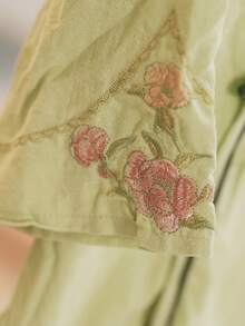 JIANHU 女士刺绣波西米亚风衬衫 - 中国结领配花卉刺绣，休闲夏季收腰上衣，适合花园派对/约会之夜/休闲穿着 - 綠色 - 查看 6