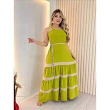 Women's Long Plain Two-Tone Dress With Casual Duna Fabric Lining H-11 - 橄欖綠 - 查看 1
