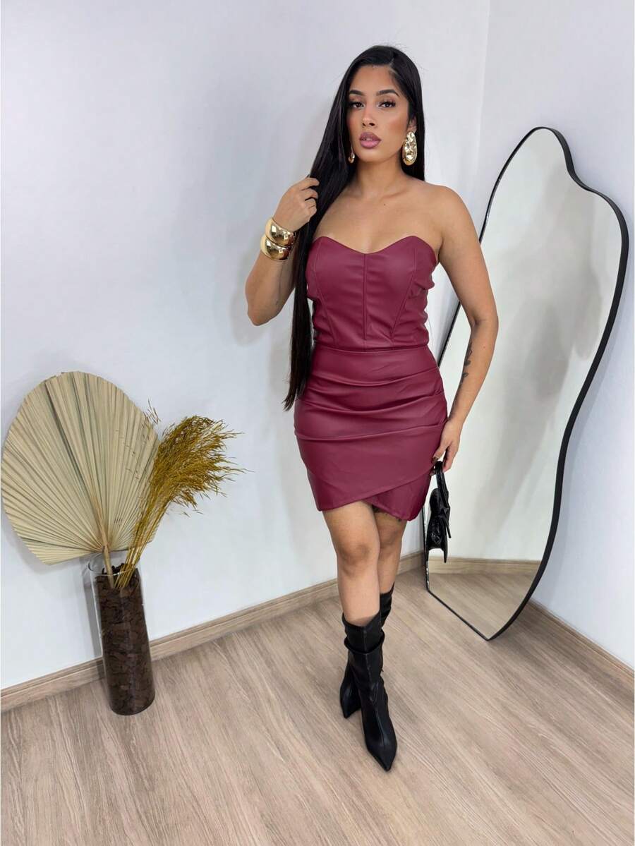 Women's Leather Corcelet Dress - خمر - مشاهدة 1