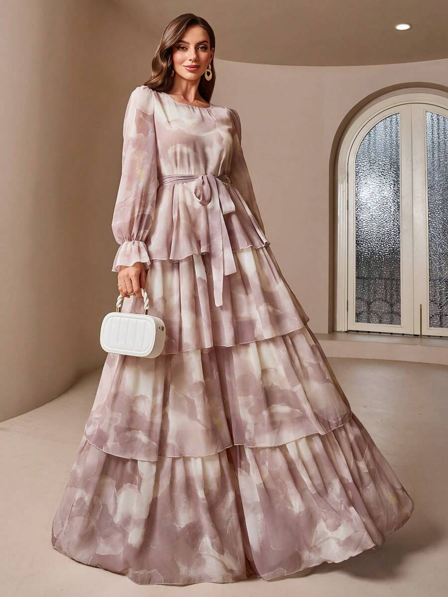 女式优雅荷叶边下摆系带长裙，带有随机花卉印花和泡泡袖，春夏