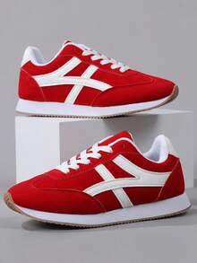 Women's Shoes Breathable Odor-Resistant Flat Lace-Up Running Sneakers Anti-Slip, Suitable For Autumn Hiking Dancing Fitness Red Leather - Red - View 6