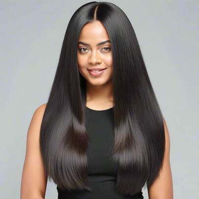 Peluca negra de media longitud de 28 pulgadas con raya central - fibra resistente al calor de alta densidad, estilo elegante para uso diario y fiestas, accesorio de cabello para todos los días | Cabello falso liso | Peluca duradera