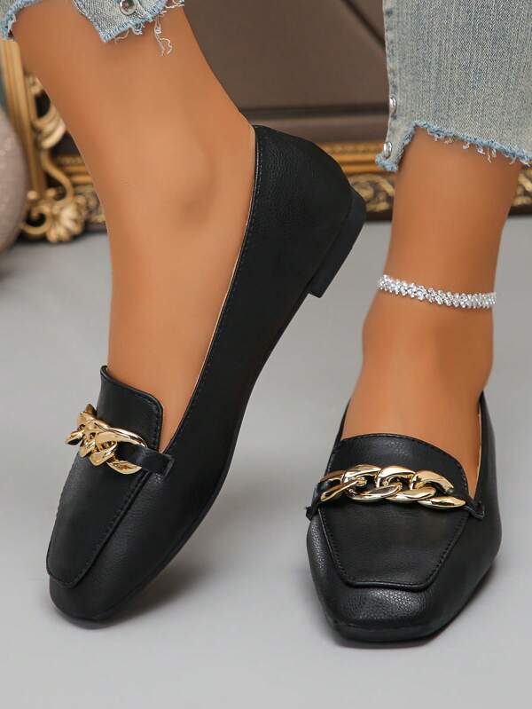 Plus Size Women's Wide Fit Fashion Square Toe Flat Shoes, Black PU Leather, Metal Chain Decor, Slip-On, Lightweight And Comfortable, Suitable For Outdoor, Size 36-43