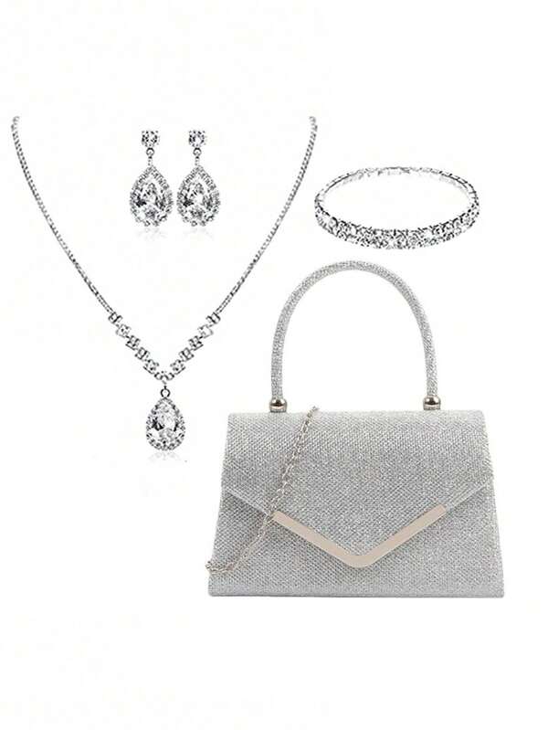 4 pièces Ensemble d'accessoires de mode élégants pour femmes, comprenant un sac à main de luxe, un collier, des boucles d'oreilles et un bracelet pour fête