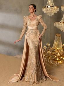 Faeriesty Faeriesty Luxury Beaded Mermaid Evening Gown With V-Neck, Strappy Back & Satin Trains - Formal Dress For Luxury Galas, High-End Parties & Red Carpet Glam