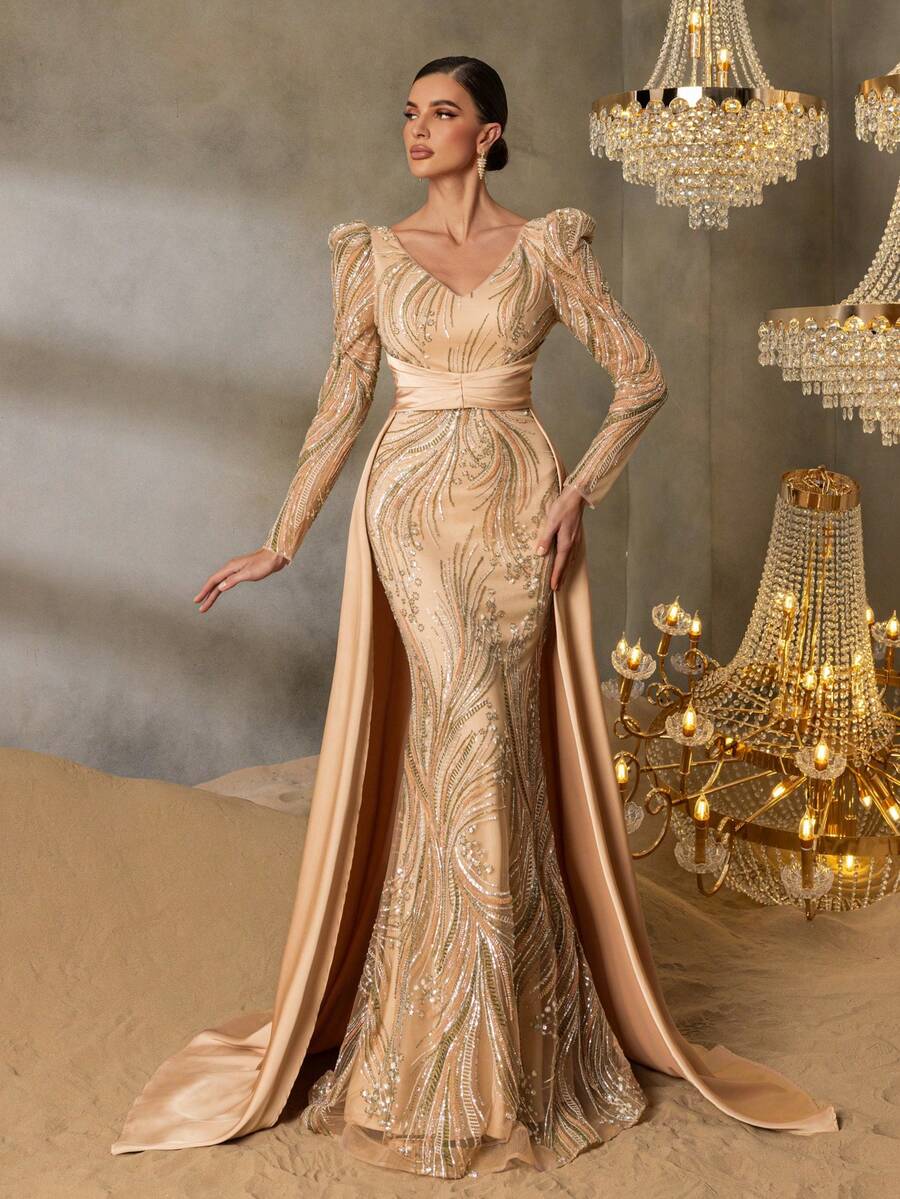 Faeriesty 奢华串珠美人鱼晚礼服，V 领、绑带后背和缎面拖尾 - 适合奢华庆典、高端派对和红毯盛典的正式礼服 - 香檳色 - 查看 1