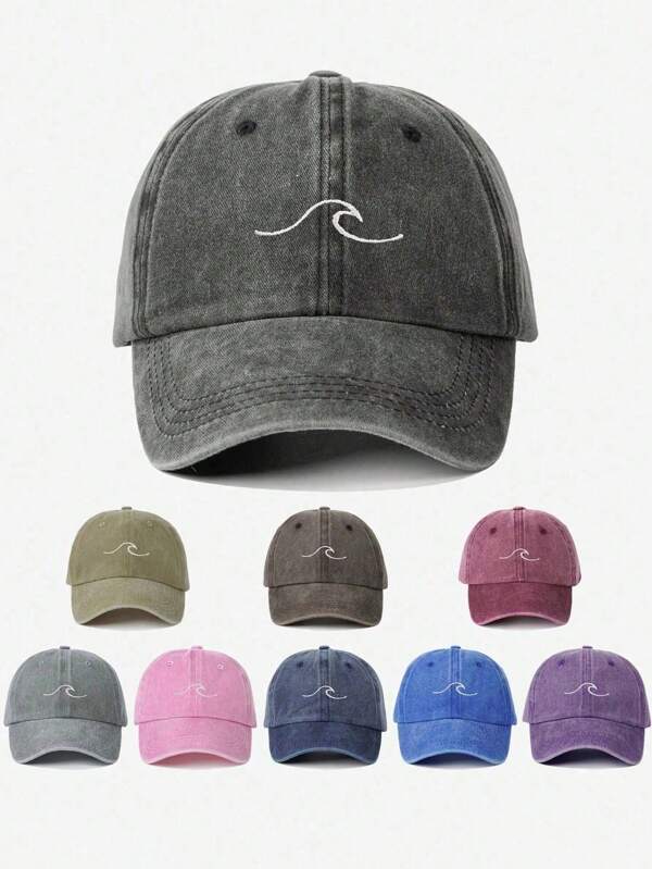 1pc Embroidered Wave Washed Baseball Cap, Adjustable Outdoor Casual Hat Suitable For Traveling, Beach, Resort, Y2K Style For Youth, Foldable Wide Brim Boho Hat For Dating, Hangouts, Outdoor Activities, Summer Beach