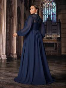 Stunning Plus Size Women Solid Color Lace Splicing Long Sleeve Bodice Chiffon Gown Dresses