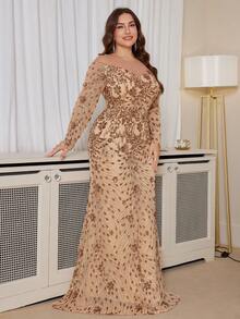 hezixi Plus Size Women's Spring/Summer Elastic Sequin , Very Comfortable To Wear, Suitable For Different Body Wear, With A Perspective Round Neck Long Sleeved Slim Fit Fishtail Hem Prom Dress,Suitable For Various Parties, Graduations, Weddings, Events - Champagne - View 5