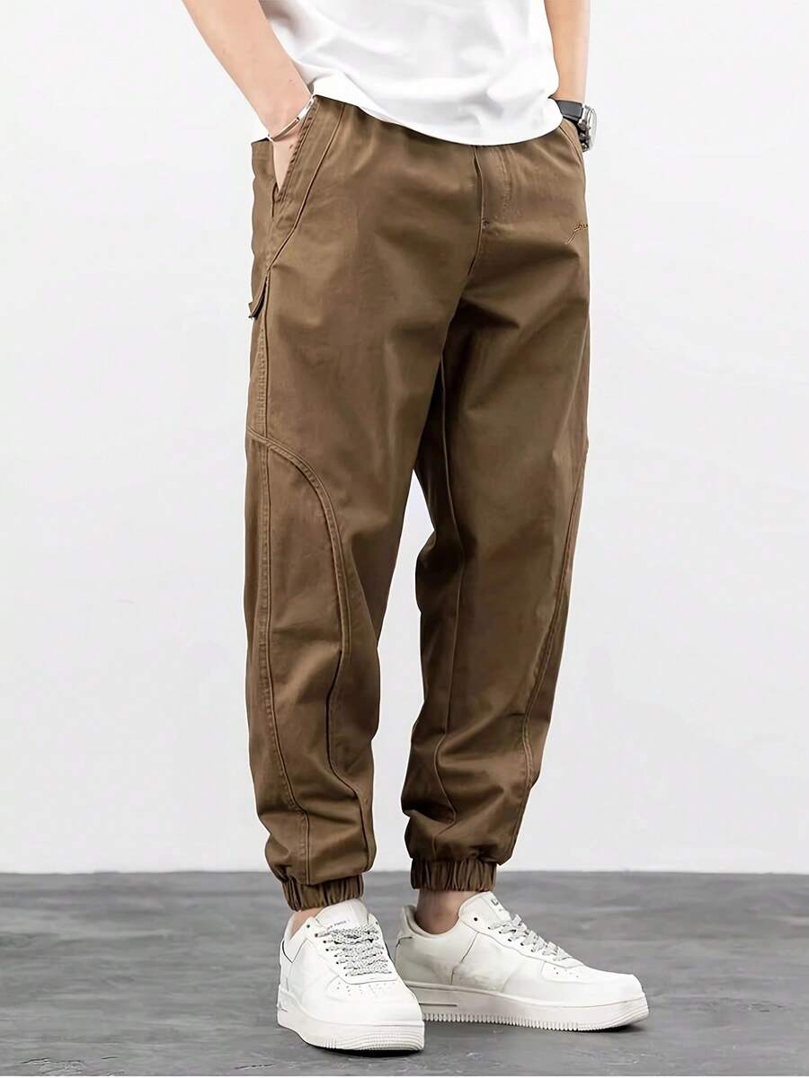 Mens Trousers Popular Casual Slim Fit Solid Color Pocket Cargo Pants Loose Wide Leg Straight Elastic High Waisted Pantalones - 卡其色 - 查看 1