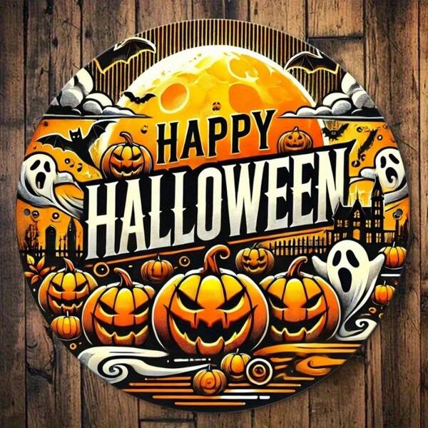 1 pieza Decoración de pared de metal Feliz Halloween - Placa de hierro redonda de 8"X8" con diseño de fantasma, murciélago, calabaza, ghoul y casa embrujada, adecuada para el hogar, bar, garaje, club, restaurante, cafetería, plana 2D, excelente para la decoración de la habitación