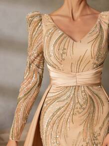 Faeriesty Faeriesty Luxury Beaded Mermaid Evening Gown With V-Neck, Strappy Back & Satin Trains - Formal Dress For Luxury Galas, High-End Parties & Red Carpet Glam