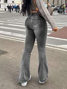 女式秋季度假风格休闲破洞紧身喇叭牛仔裤 - 灰色 - 查看 5