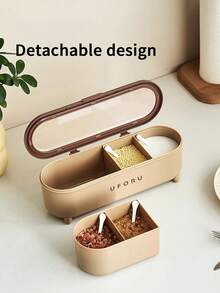 1 pieza Caja de almacenamiento de especias de cocina, estuche de condimentos de 4 rejillas de gran capacidad con tapa antipolvo y cuchara, juego de frascos de condimentos a prueba de humedad, contenedor de almacenamiento de especias, sal y azúcar, accesorios de cocina, adecuado para almacenamiento de especias de cocina, decoración de cocina - Multicolor - Ver 5