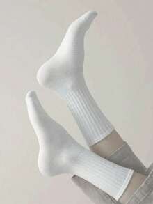 6双纯色袜子套装，女士百搭运动中筒袜，秋冬款 - 彩色 - 查看 3