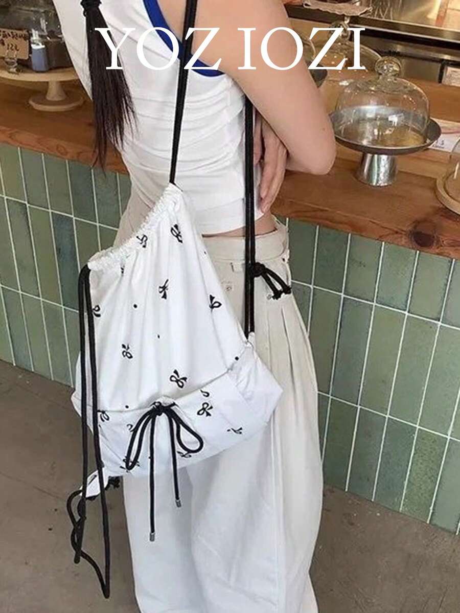 小众设计学院风背包韩版时尚学生包,白色可爱蝴蝶印花抽绳背包,适合大学高中女生返校必备,学习用品,书包,背包,返校背包,大容量背包,学生背包,返校包 - 白色 - 查看 1
