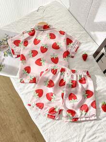 Baby Girl Strawberry Print Short Sleeve Shorts Pajamas Set, Spring/Summer - Multicolor - View 2