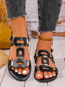 Women's Rivet Hollow-Out Comfortable Flat Sandals, Solid Color Bohemian PU Leather Rivet Buckle Flat Sandals For Beach, Holiday Essential, Wedding - Black - View 5