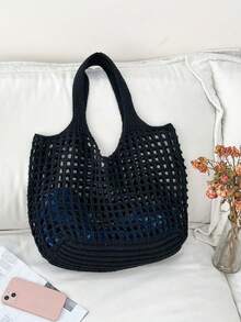 Fashionable Summer Essential: Women Crochet Knitted Handheld Tote Beach Bag, Large Capacity Hollow Out Handbag, Hollow Out Tote Bag, Hollow Out Beach Bag, Shoulder Bag, Women Seasonal Backpack, Beach Purse, Perfect For Summer, Vacation & Daily Use, Travel Must Haves,Elegance Vintage Black,Holiday Essentials,Mother Day Gift,Purse Essentials,Teacher Gifts,Travel Essentials,School Supplies,Beach Tote - Black - View 7