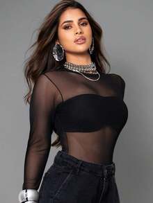 Women's Tulle Bodysuit - Black - View 2