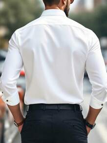 Men's Solid Color Long Sleeve Single-Breasted Casual Commuter Shirt, Basic Long Sleeve Business Shirt, Casual Business Formal Shirt,Fall