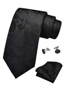 3pcs/Set Men's 3.15 Inch Wide Black Paisley Pattern Necktie, Pocket Square And Cufflinks Set, High Quality Classic Fashion Business Casual Tie Set, Men's Wedding, Home, Christmas, Party Accessories Gift