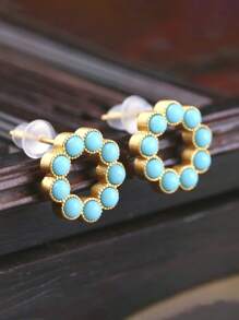 1pc Gold-Plated Simulated Turquoise Stud Earrings, Simple Baroque Pearl Hoop Earrings, Vintage Style, Suitable For Women's Daily, Festival, Party Wear, Girlfriend Gift
