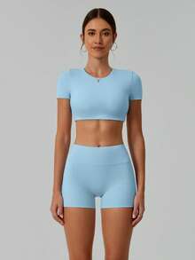 NcmRyu Women's Sexy Yoga Sports Fitness Running Training Outdoor Suit Set - 淺藍色 - 查看 4