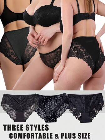 3 件套大码女士内裤休闲舒适简约蕾丝拼接春夏秋冬